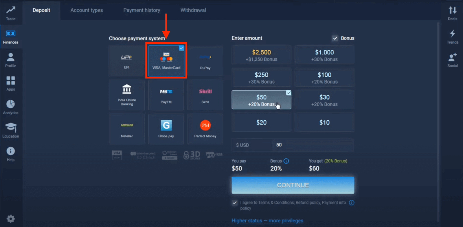 Deposit Money in ExpertOption via Bank Cards (Visa / Mastercard), E-payments (UPI, RuPay, Skrill, Neteller, PayTM, Globe pay, Perfect Money) and Cryptocurrency in India