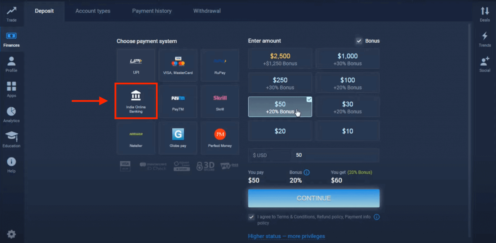 Deposit Money in ExpertOption via Bank Cards (Visa / Mastercard), E-payments (UPI, RuPay, Skrill, Neteller, PayTM, Globe pay, Perfect Money) and Cryptocurrency in India