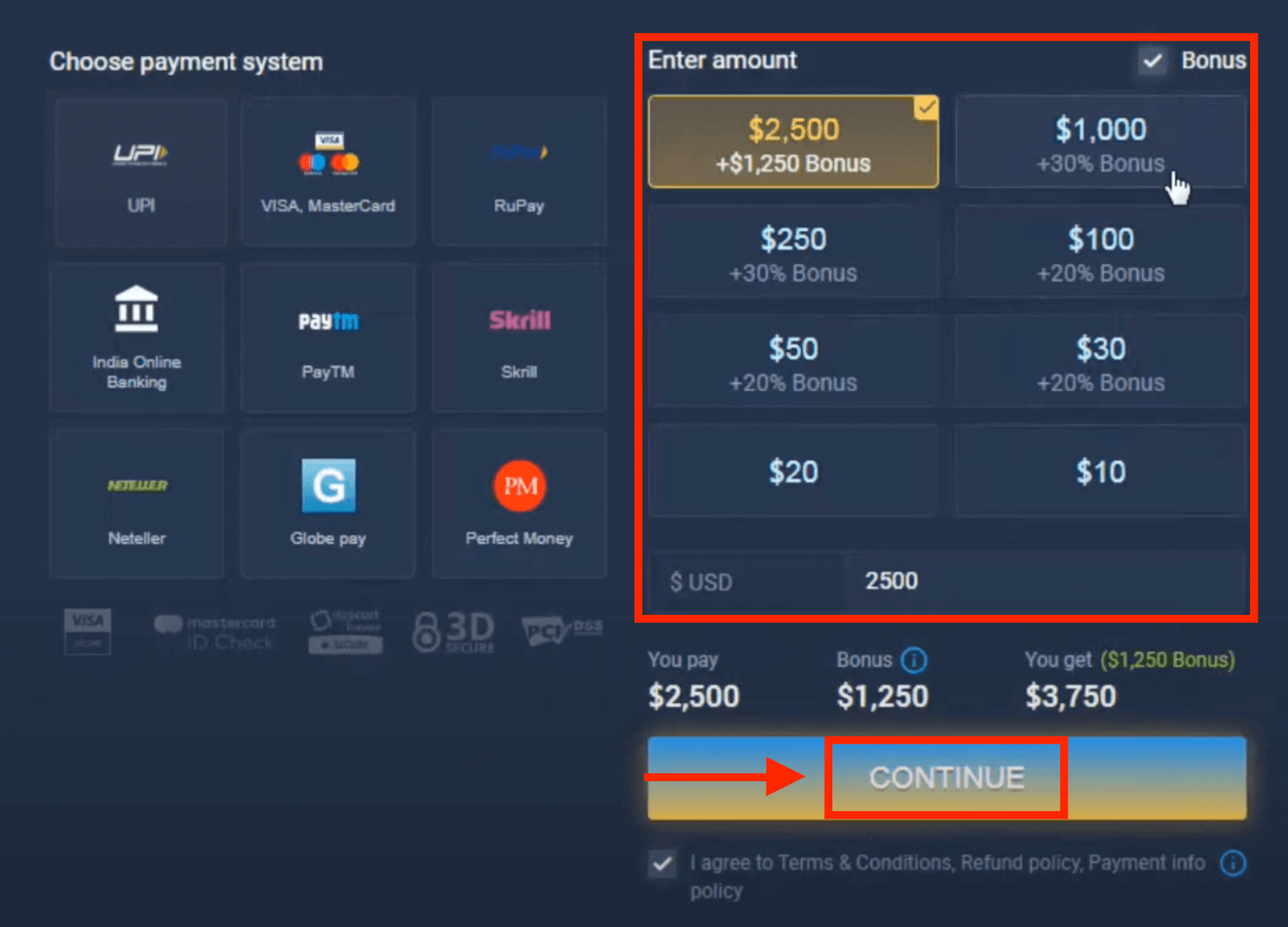 Deposit Money in ExpertOption via Bank Cards (Visa / Mastercard), E-payments (UPI, RuPay, Skrill, Neteller, PayTM, Globe pay, Perfect Money) and Cryptocurrency in India