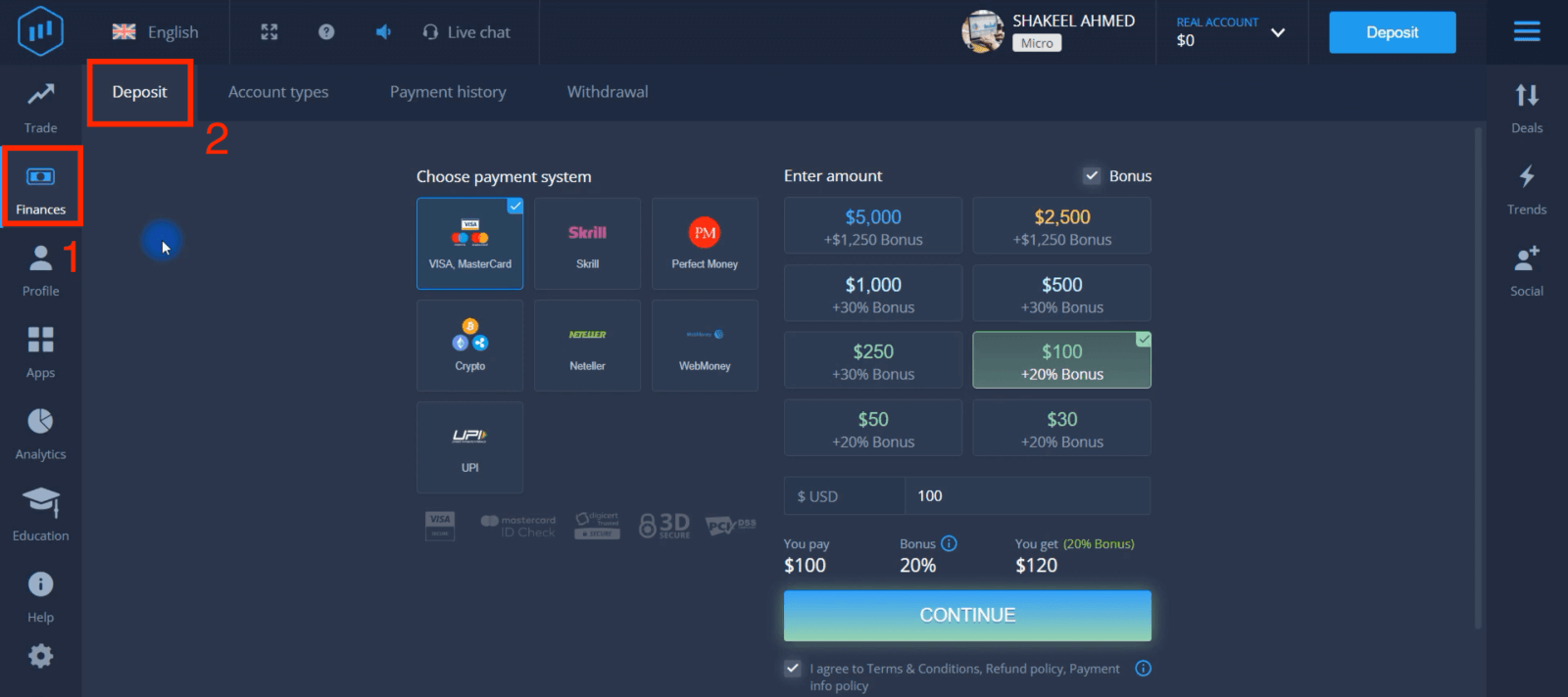 Deposit Money in ExpertOption via Bank Cards (Visa / Mastercard), E-payments (UPI, RuPay, Skrill, Neteller, PayTM, Globe pay, Perfect Money) and Cryptocurrency in India
