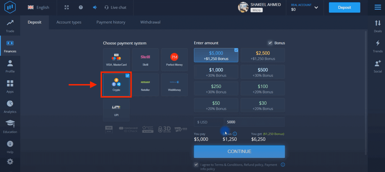 Deposit Money in ExpertOption via Bank Cards (Visa / Mastercard), E-payments (UPI, RuPay, Skrill, Neteller, PayTM, Globe pay, Perfect Money) and Cryptocurrency in India