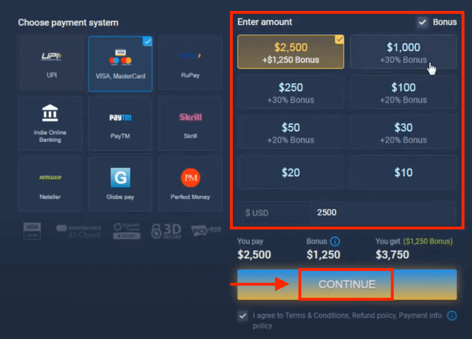Deposit Money in ExpertOption via Bank Cards (Visa / Mastercard), E-payments (UPI, RuPay, Skrill, Neteller, PayTM, Globe pay, Perfect Money) and Cryptocurrency in India