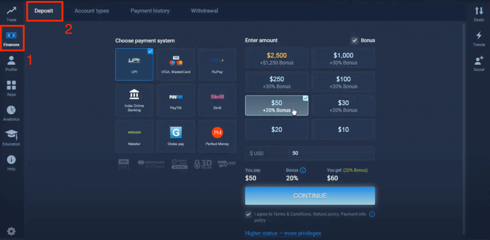 Deposit Money in ExpertOption via Bank Cards (Visa / Mastercard), E-payments (UPI, RuPay, Skrill, Neteller, PayTM, Globe pay, Perfect Money) and Cryptocurrency in India