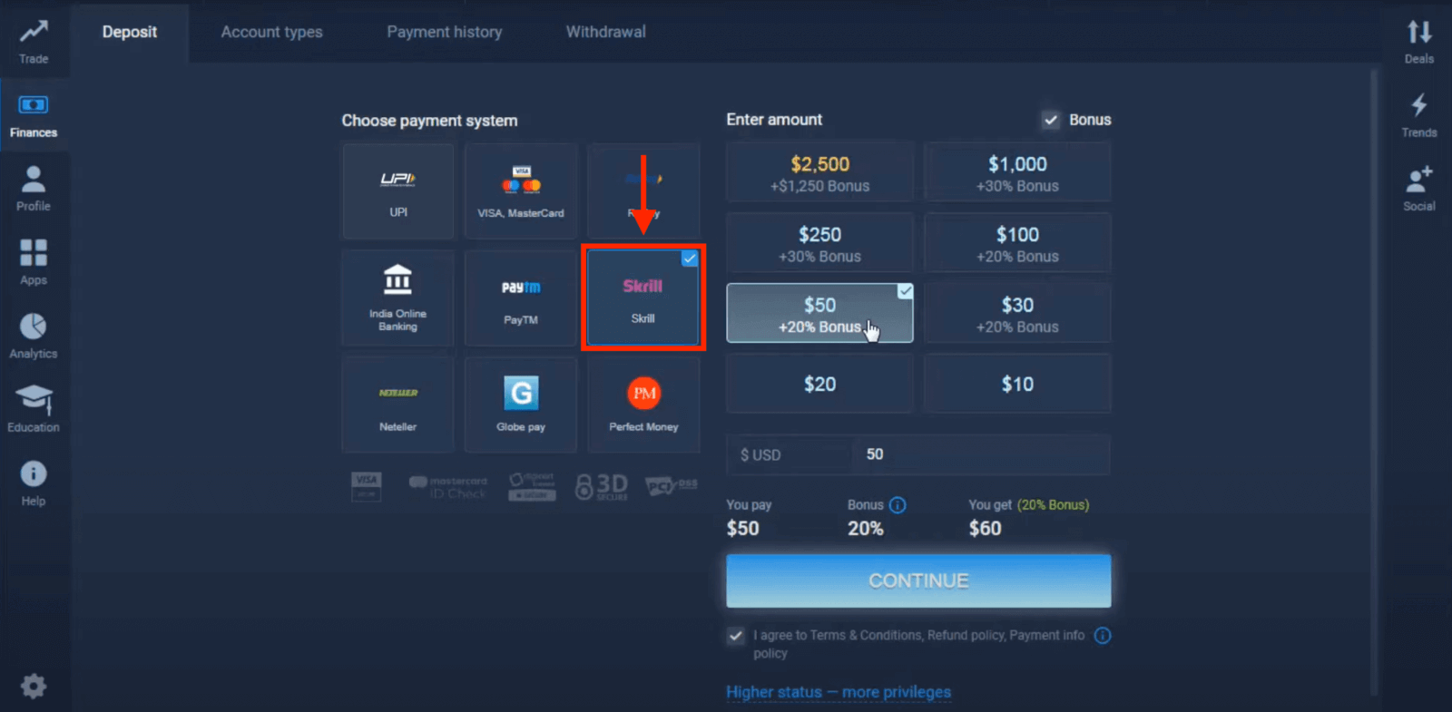 Deposit Money in ExpertOption via Bank Cards (Visa / Mastercard), E-payments (UPI, RuPay, Skrill, Neteller, PayTM, Globe pay, Perfect Money) and Cryptocurrency in India