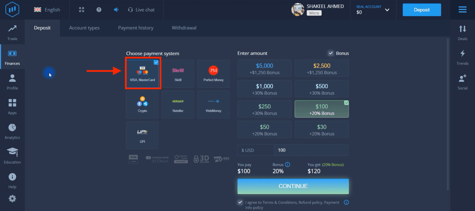 Deposit Wang dalam ExpertOption melalui Kad Bank (Visa / Mastercard), E-pembayaran (UPI, Skrill, Neteller, WebMoney, Perfect Money) dan Cryptocurrency di Pakistan Deposit Wang dalam ExpertOption melalui Kad Bank (Visa / Mastercard), E-pembayaran (UPI, Skrill, Neteller, WebMoney, Perfect Money) dan Cryptocurrency di Pakistan