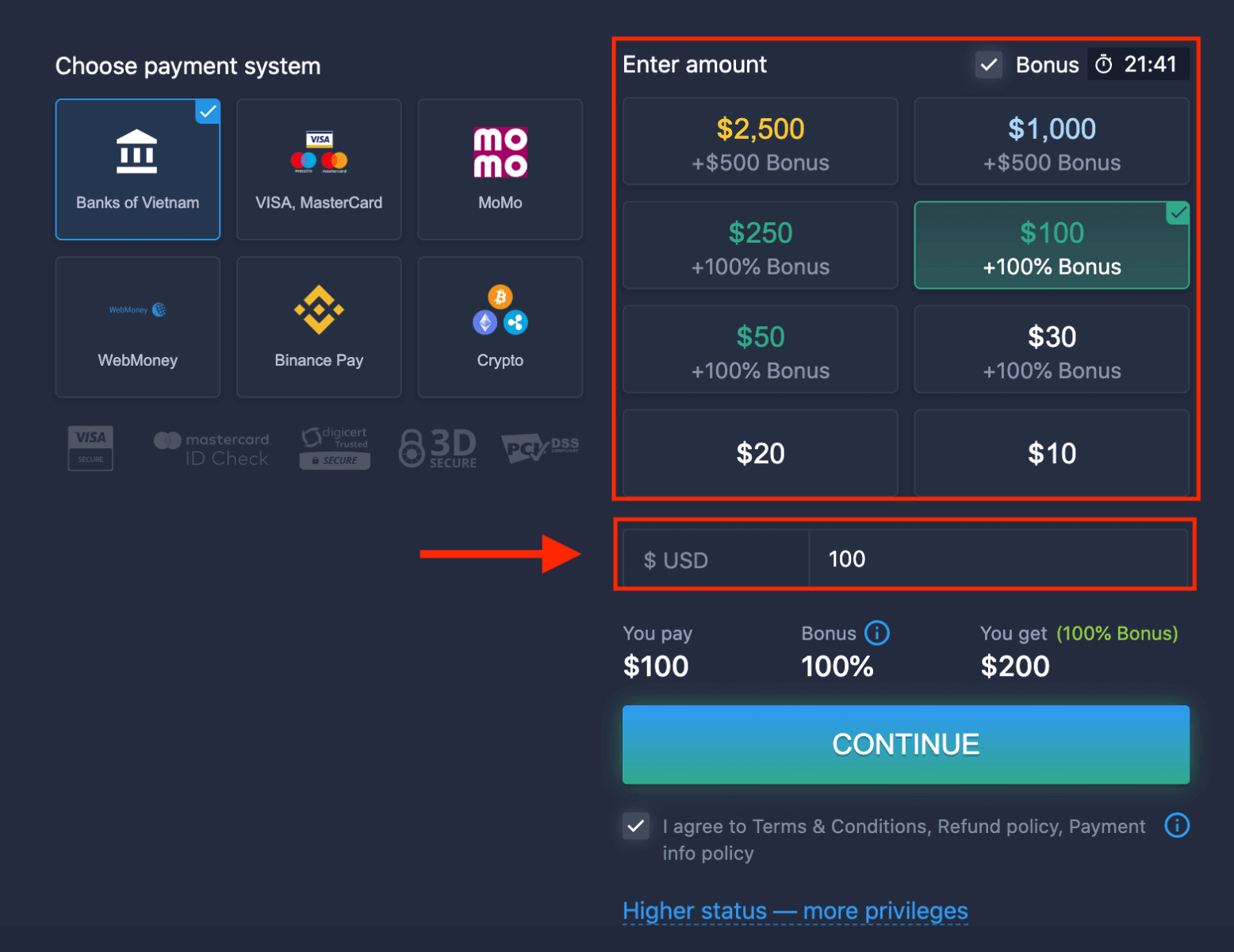 Deposit Wang dalam ExpertOption melalui Kad Bank (Visa / Mastercard), Perbankan Internet, E-pembayaran (MoMo, Perfect Money) dan Cryptocurrency di Vietnam