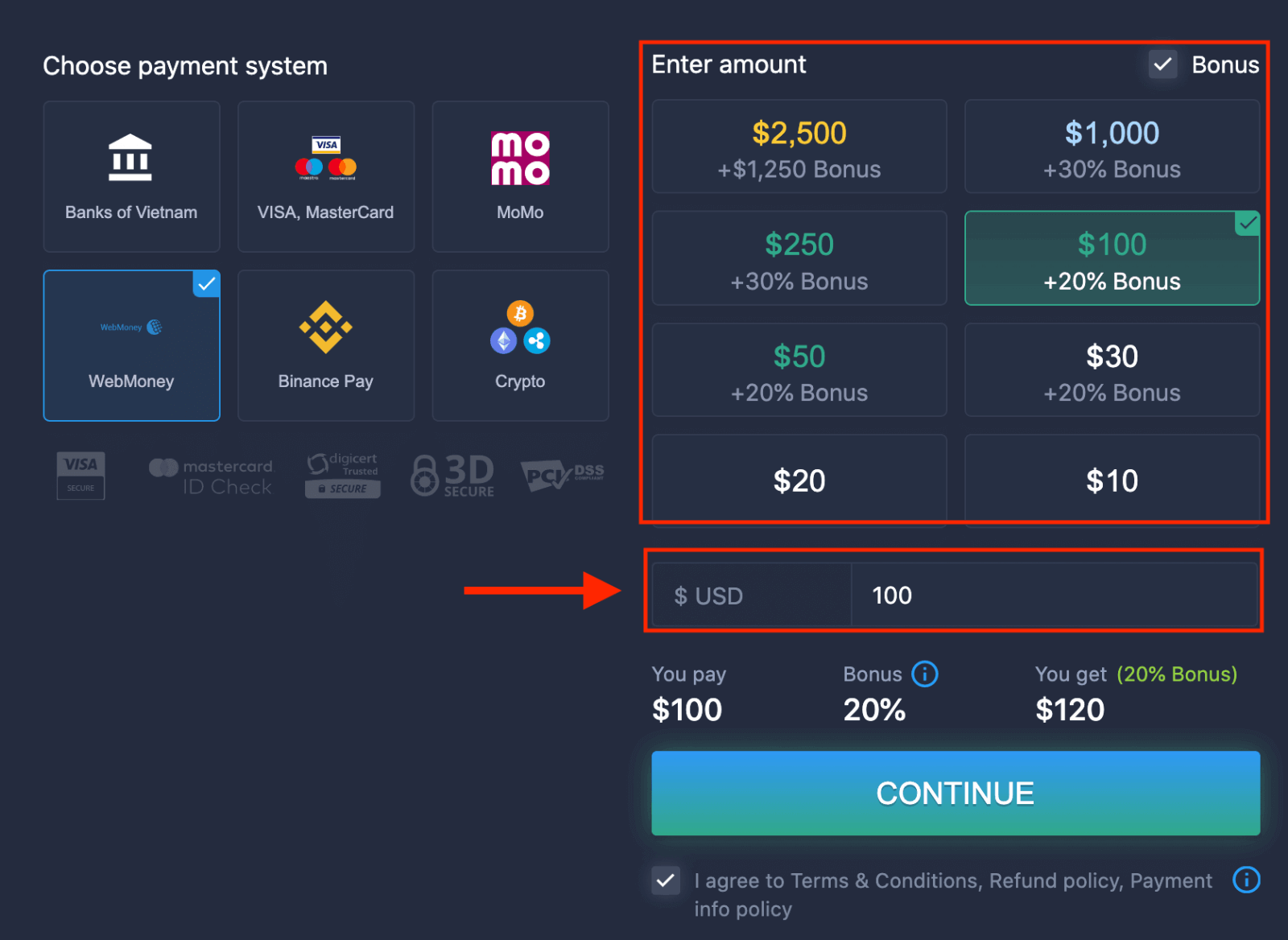 Deposit Wang dalam ExpertOption melalui Kad Bank (Visa / Mastercard), Perbankan Internet, E-pembayaran (MoMo, Perfect Money) dan Cryptocurrency di Vietnam
