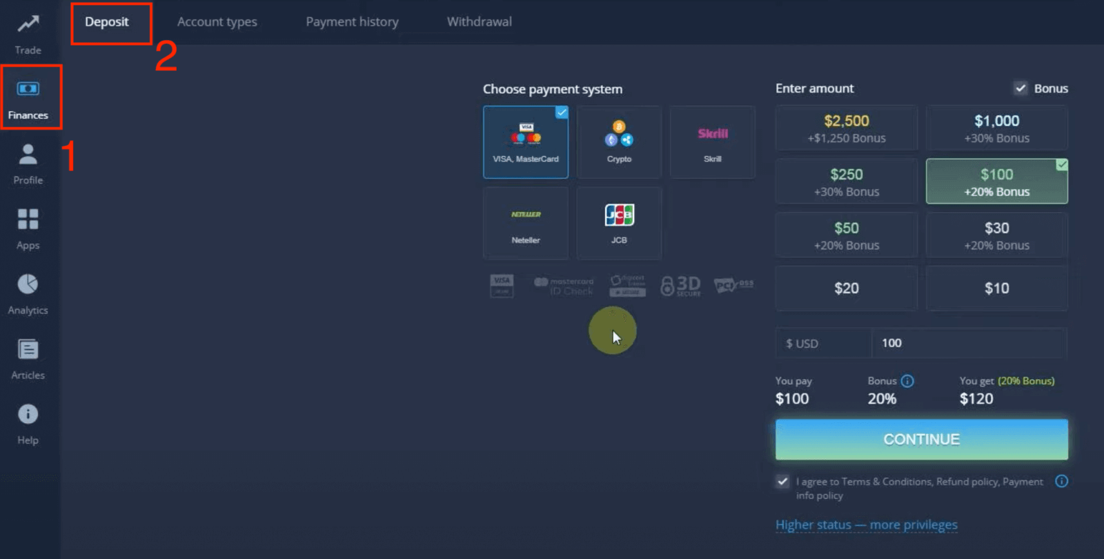 Deposit Wang dalam ExpertOption melalui Kad Bank (Visa / Mastercard / JCB), E-payments (Skrill, Neteller) dan Cryptocurrency di Filipina