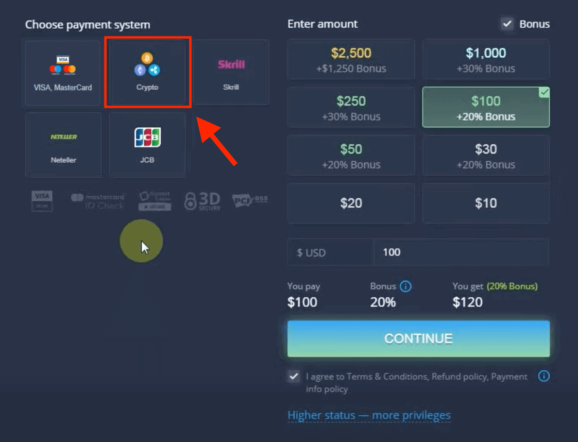 Deposit Wang dalam ExpertOption melalui Kad Bank (Visa / Mastercard / JCB), E-payments (Skrill, Neteller) dan Cryptocurrency di Filipina