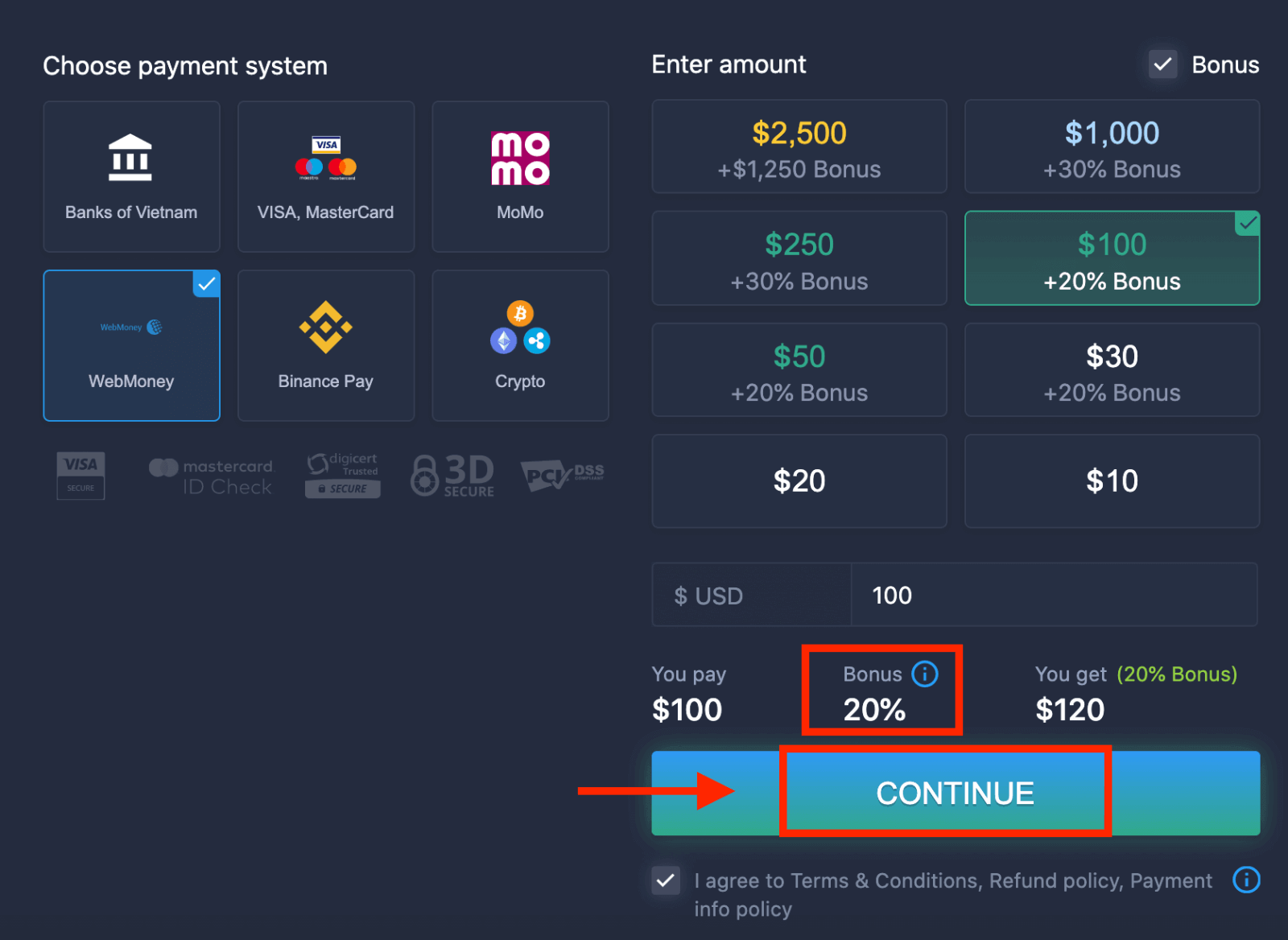 Depósito ExpertOption no Vietnã: Visa/Mastercard, Internet Banking, pagamentos eletrônicos e criptografia
