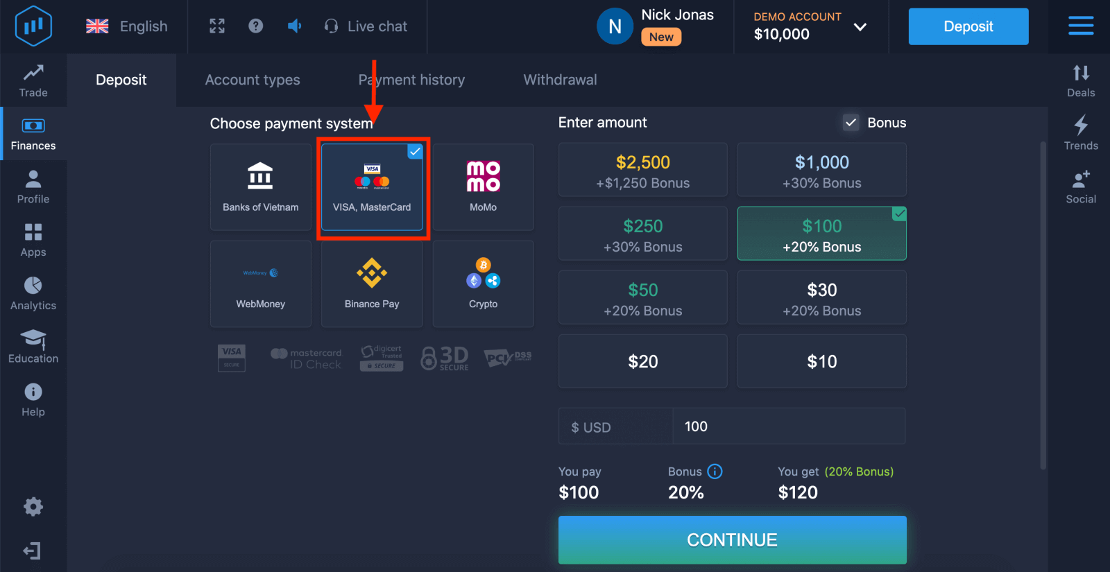 ExpertOption ٹریڈنگ اکاؤنٹس کے لیے ڈپازٹ کے طریقے اور تقاضے