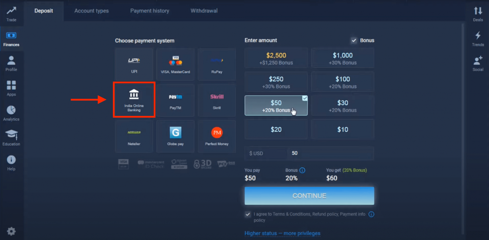 Uplatite novac u ExpertOption putem bankovnih kartica (Visa / Mastercard), e-plaćanja (UPI, RuPay, Skrill, Neteller, PayTM, Globe pay, Perfect Money) i kriptovalute u Indiji Uplatite novac u ExpertOption putem bankovnih kartica (Visa / Mastercard), e-plaćanja (UPI, RuPay, Skrill, Neteller, PayTM, Globe pay, Perfect Money) i kriptovalute u Indiji